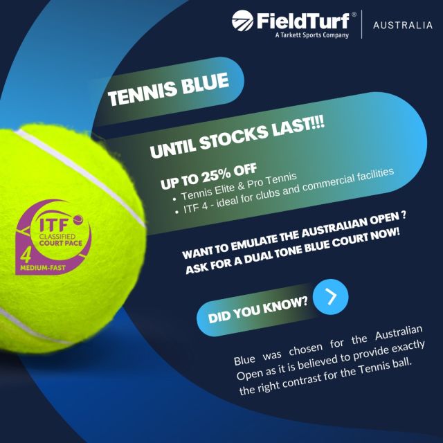 #AustralianOpen 

Replicate the Australian Open with your own Blue Tennis surface 🎾

Made with Green Energy and utilising German Engineering, our Pro Tennis & Tennis Elite fibres provide #durability and offers enhanced #performance characteristics 💪

Premium Grade, Australian Made 🤝

All our products are made using 100% solar-generated electricity in our Factory in Prestons using 660 Solar Panels ☀️

Get in contact with our team of experts for more information 

#AustralianMade #Tennis #AusOpen #Blue #artificialgrass #artificialturf