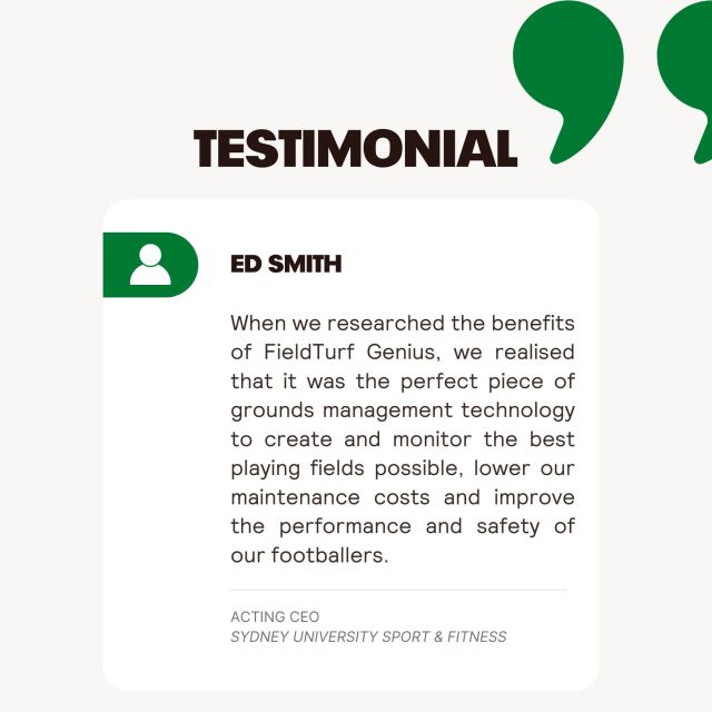 Ed Smith, CEO of Sydney University Sports & Fitness, shares his testimonial on FieldTurf Genius: 'Transformative technology for our facilities!' 🙌 Discover why industry leaders trust FieldTurf for cutting-edge innovation in sports surfaces. #FieldTurf #GEnius #SportsTech #IntelligentPlay #Sports #FIeldMaintenance #TurfCare